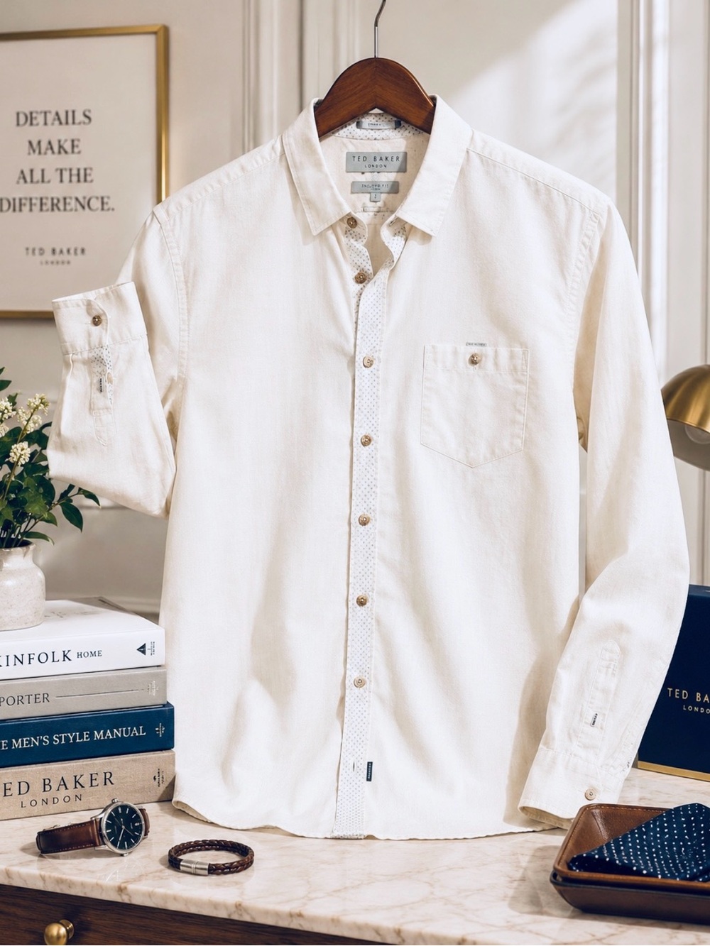 Off-White Cotton Linen Blend Lightweight Collared Dress Shirt w/Blue Details